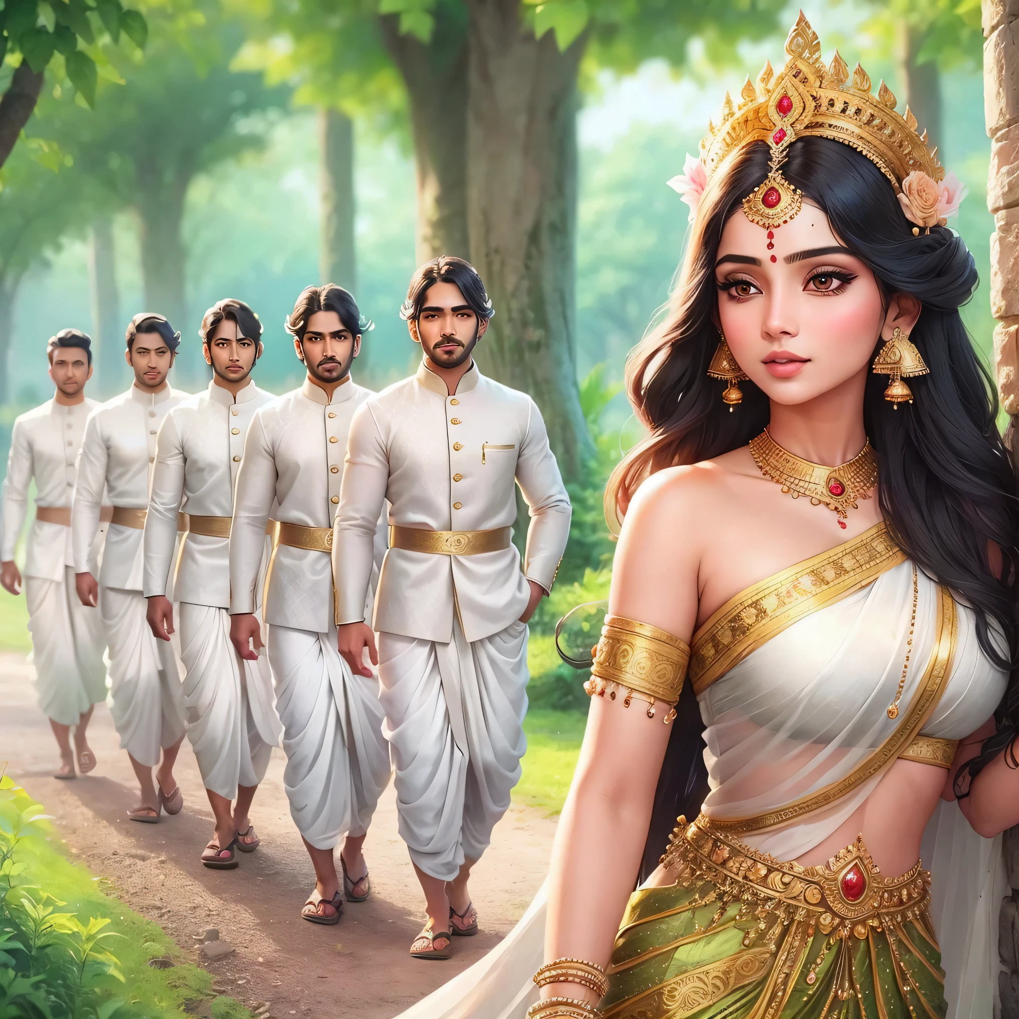 a close up of a woman in a white dress with a group of men in white, inspired by Raja Ravi Varma, a beautiful fantasy empress, beautiful avatar pictures, hindu aesthetic, beautiful character painting, indian goddess of wealth, official fanart, fanart, indian goddess, portrait of modern darna, assamese aesthetic, in style of artgerm