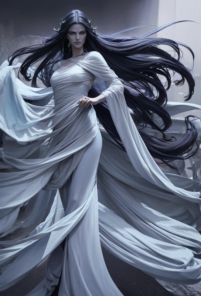 Seraphina Shadowmere is a striking figure with flowing obsidian locks that cascade down her back, contrasting against her pale, porcelain skin. Her piercing indigo eyes hold a hint of both sorrow and determination, reflecting the weight of the cursed kingdom's plight. Standing tall and graceful, she moves with an ethereal elegance, almost as if the shadows themselves dance to her silent command.