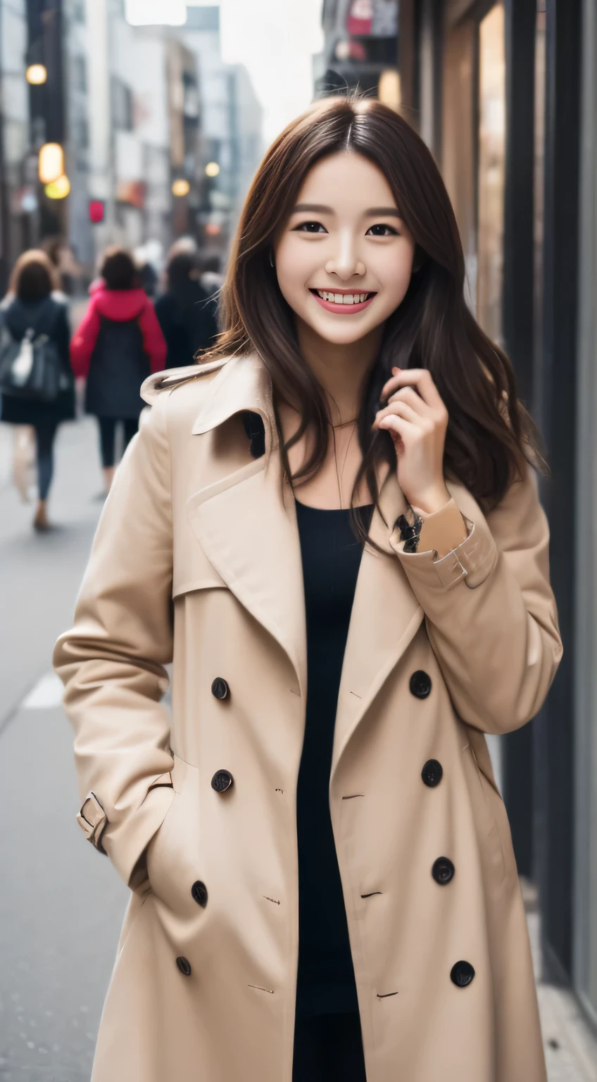 The face of the hostess、trench coat、high quality、surreal、healthy、smile、Slender perfect figure、Japanese beauty ace perfect、beautiful skin、white skin、upper body、Christmas tree、street style