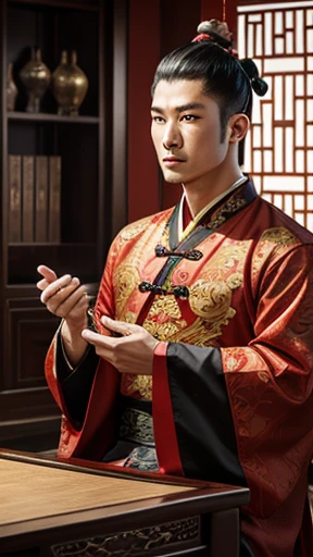 oriental、man in ancient chinese clothes、ancient chinese hairstyle man、three kingdom、multiple warlords、highest quality、masterpiece、Super high resolution、(photoreal:1.4)、Game Posters、inside the house、