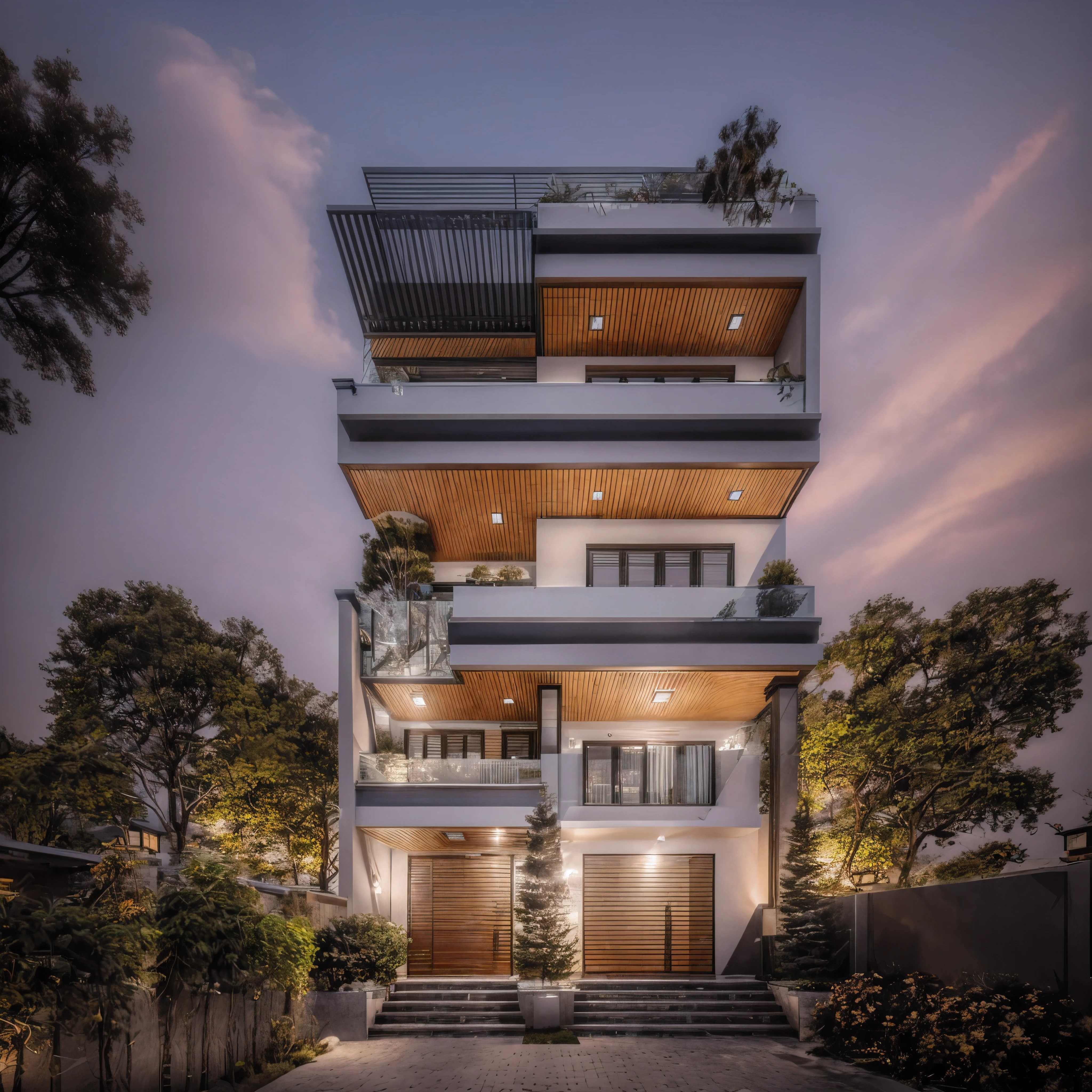 Exterior, house, luxury, modern style, reflective glass material, white wall paint, stone wall, wooden ceiling, in the city, crowded street, many cars, many people, many trees, Trees on the roof, sunrise, empty clouds, 8k, vray images