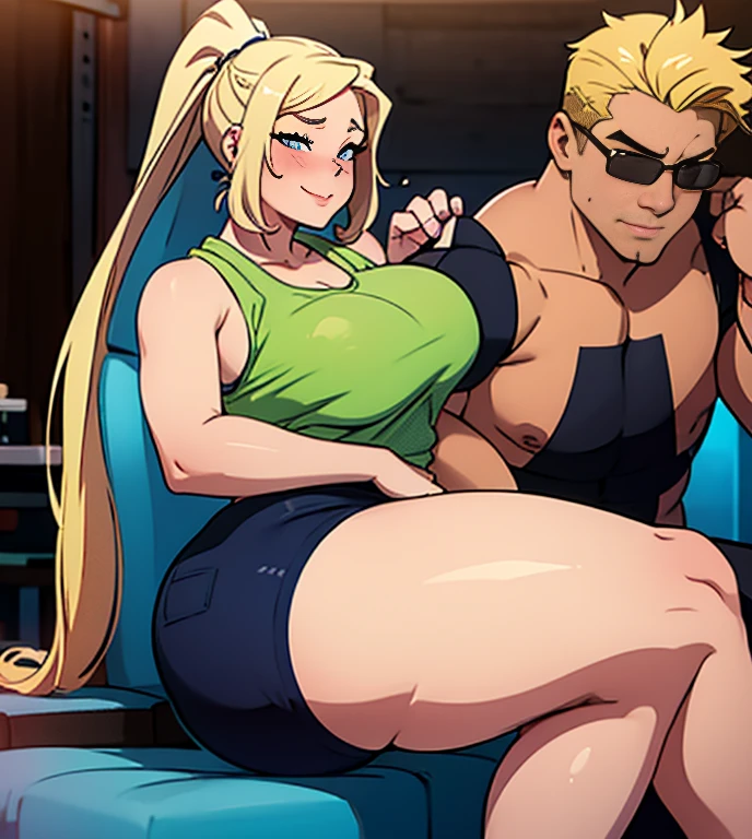 One girl, The girl is curvy with thick thighs and wide hops, a big thick ass, massive ass, Girl is sitting in a guy's lap, She is wearing workout shorts, She is blushing and he is smirking, girl has blonde hair in a ponytail