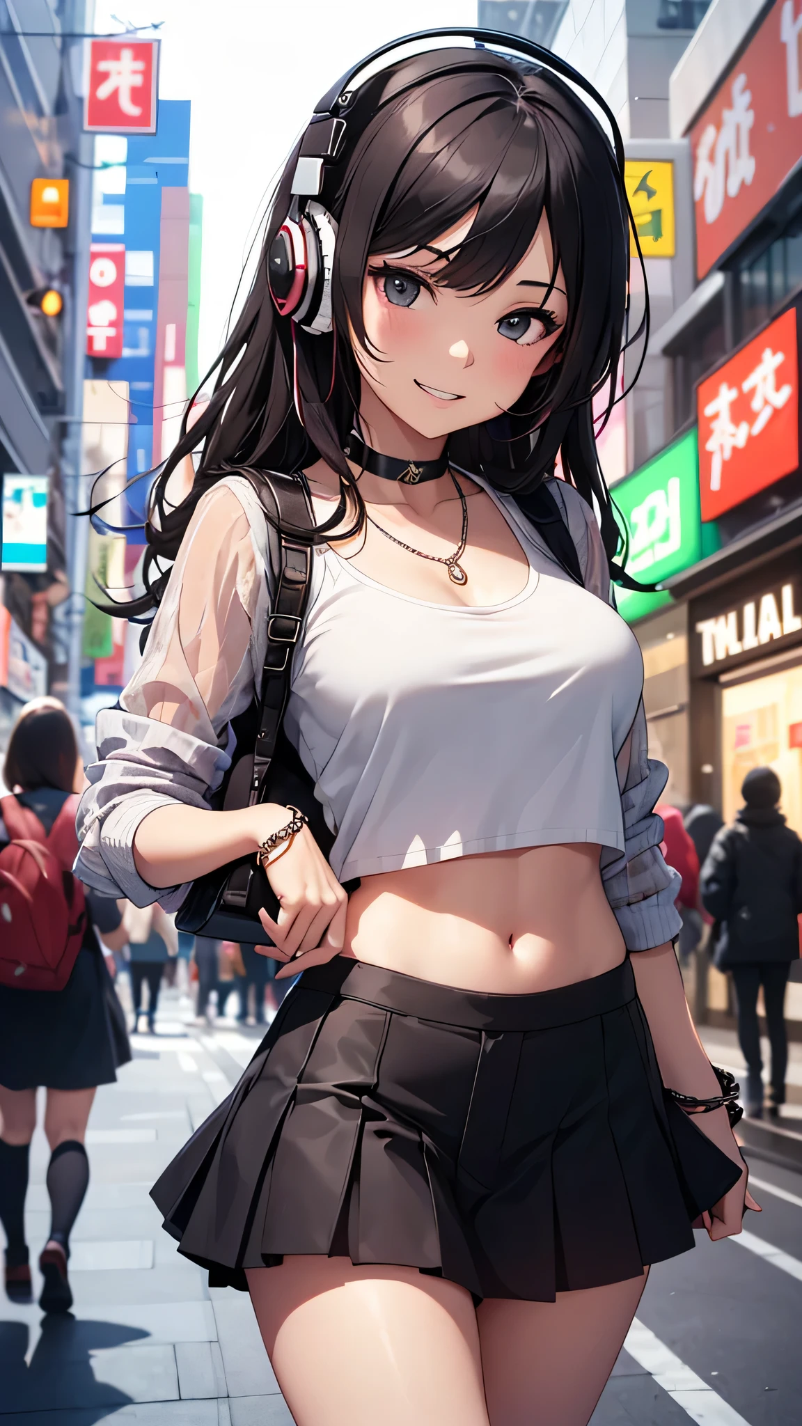 highest quality、Highest image quality、masterpiece、teenage girl((18-year-old、 Agar、vest bust、medium bust,wide open breast tea、Black eyes, black hair、long hair、slender,highest valley、cute makeup、Black short skirt、Red spats、fluttering hair、White navel tank top、chain accessories、headphones,dance motion,Fierce dance、best smile)),high quality、beautiful art、background((Live on the street、galleries、Akihabara)),muste piece、Depth of written boundary、movie、visual art、perfect art、