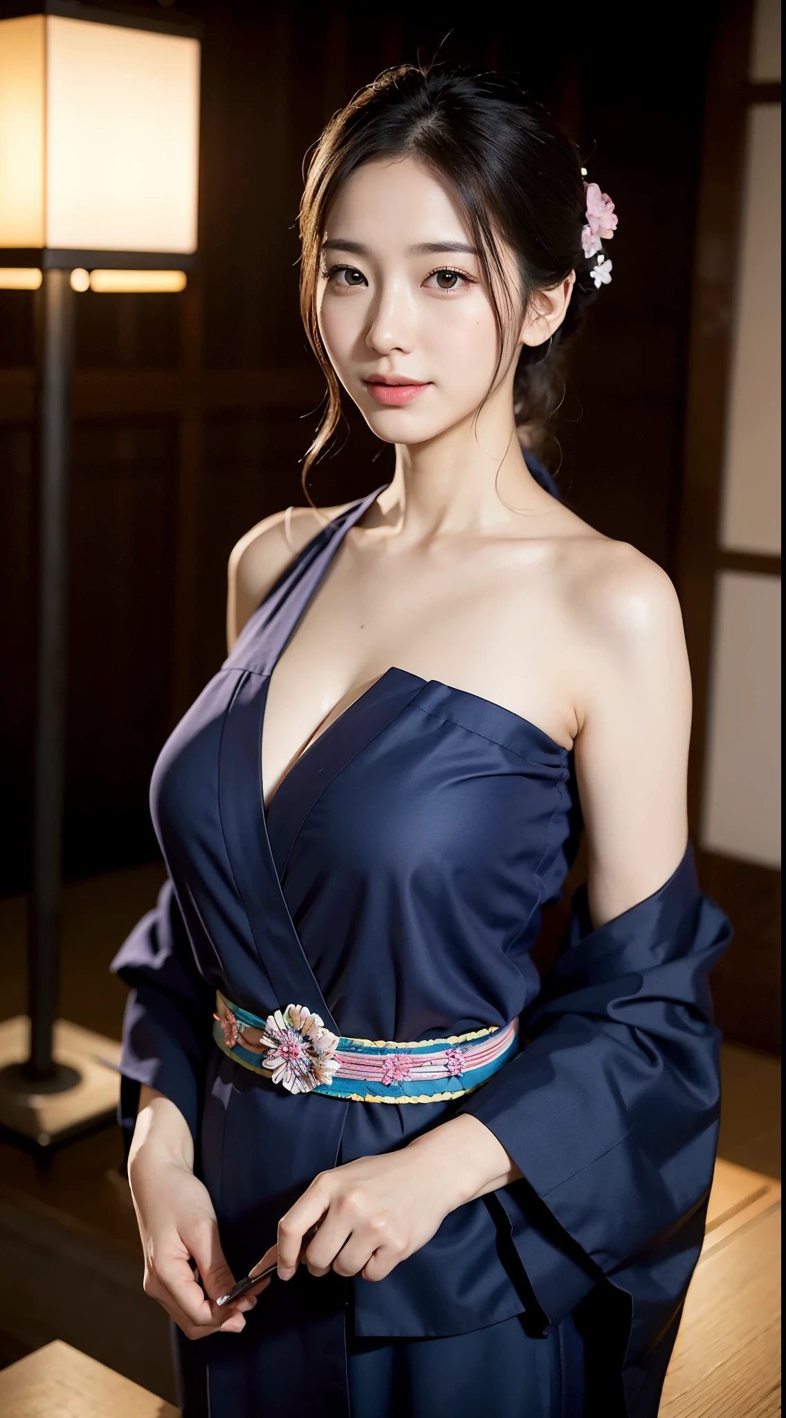 face  :9,4148934626], Bewitching beautiful mature woman、40 years、stature　154cm、well-proportioned figure、The figure of the hourglass、Japan in a yukata、Yukata at Japan Ryokan、Shoulder out、鎖骨、model in Japan、Japan sexy woman, Gorgeous Japan Woman, goddess of Japan, A smile、Raw photo, (in 8K、top-quality、​masterpiece:1.2)、(intricate detailes:1.4)、(Photorealsitic:1.4)、octane renderings、Complex 3D rendering ultra detail, studio lights, Rim Lights, vibrant detail, super detailing, realistic skin textures, Detail Face, Beautiful detail eyes, Very detailed CG Unity 16k wallpaper, make - up, (detailedbackground:1.2),　shinny skin、