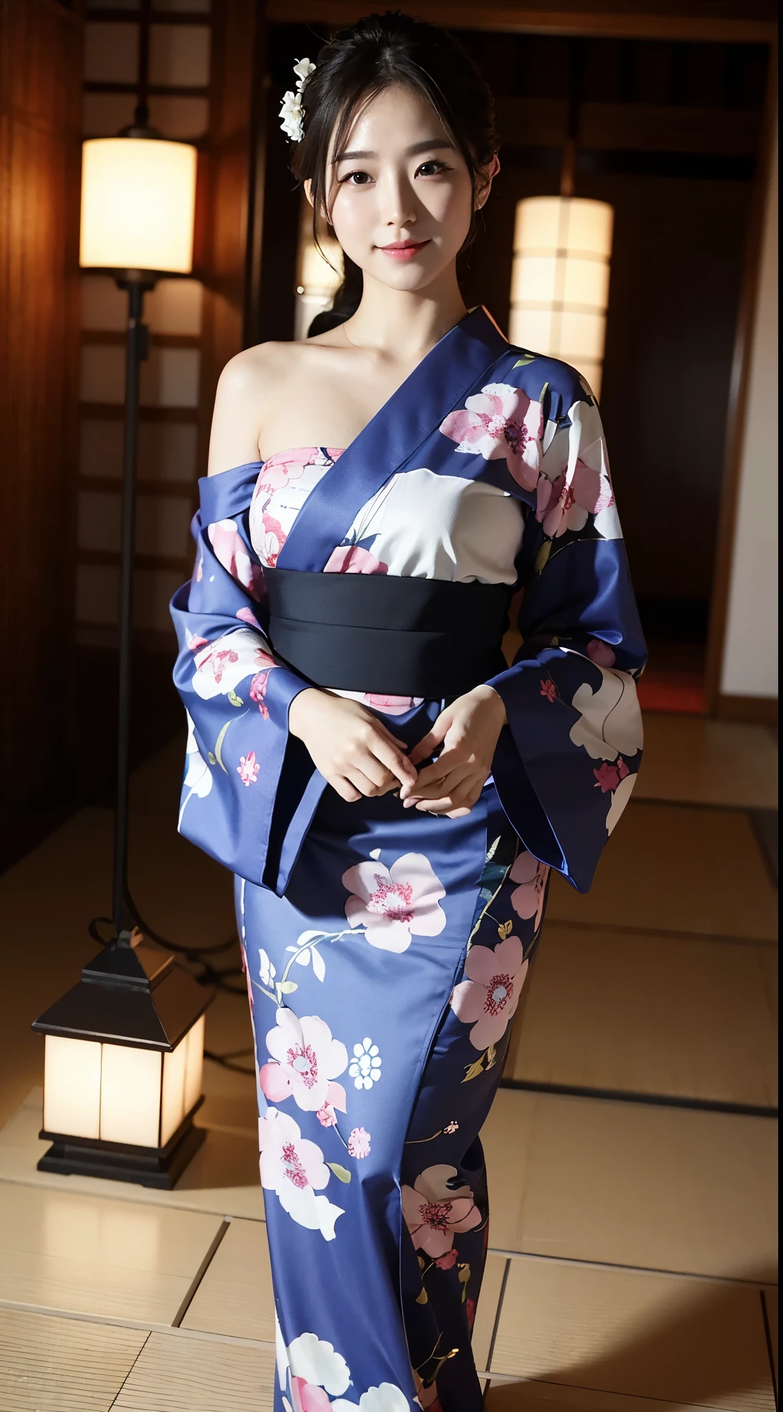 ((masterpiece(:1.4)，Highest quality，Ultra-high resolution，Highest quality，8k，Extremely detailed，In detail))。night，Japanese，(A beautiful woman)，glossy，slim，Large Breasts(1.6)，sexy，glamorous，Golden Ratio Style，Perfect Style，White powder applied to face and neck，Flashy gal makeup，Red light district，Bedroom，Oiran，Prostitute，Sunny day outfit，Uchikake，Gold brocade，((A gorgeous kimono))，A cutting board belt tied in front，Hair tying，hairpin，hair ornaments，Gorgeous costumes，Beautiful standing posture，Presence，Exude sex appeal，looking at the camera，