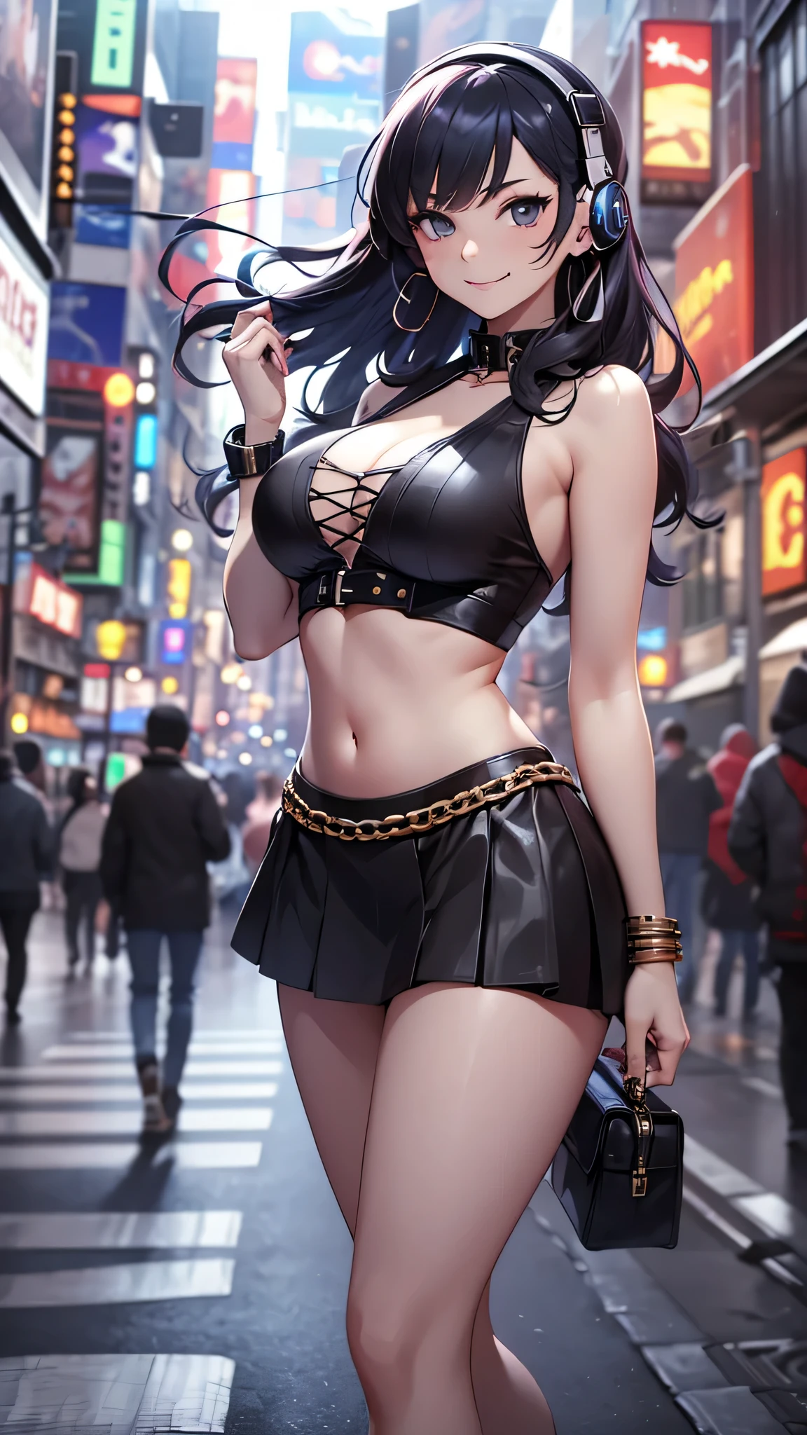 highest quality、Highest image quality、masterpiece、age girl((18-year-old、 Agar、vest bust、medium bust,wide open breast tea、Black eyes, black hair、long hair、slender,highest valley、cute makeup、Black short skirt、Red spats、fluttering hair、White navel tank top、chain accessories、headphones,dance motion,Fierce dance、best smile)),high quality、beautiful art、background((Live on the street、galleries、Akihabara)),muste piece、Depth of written boundary、movie、visual art、perfect art、
