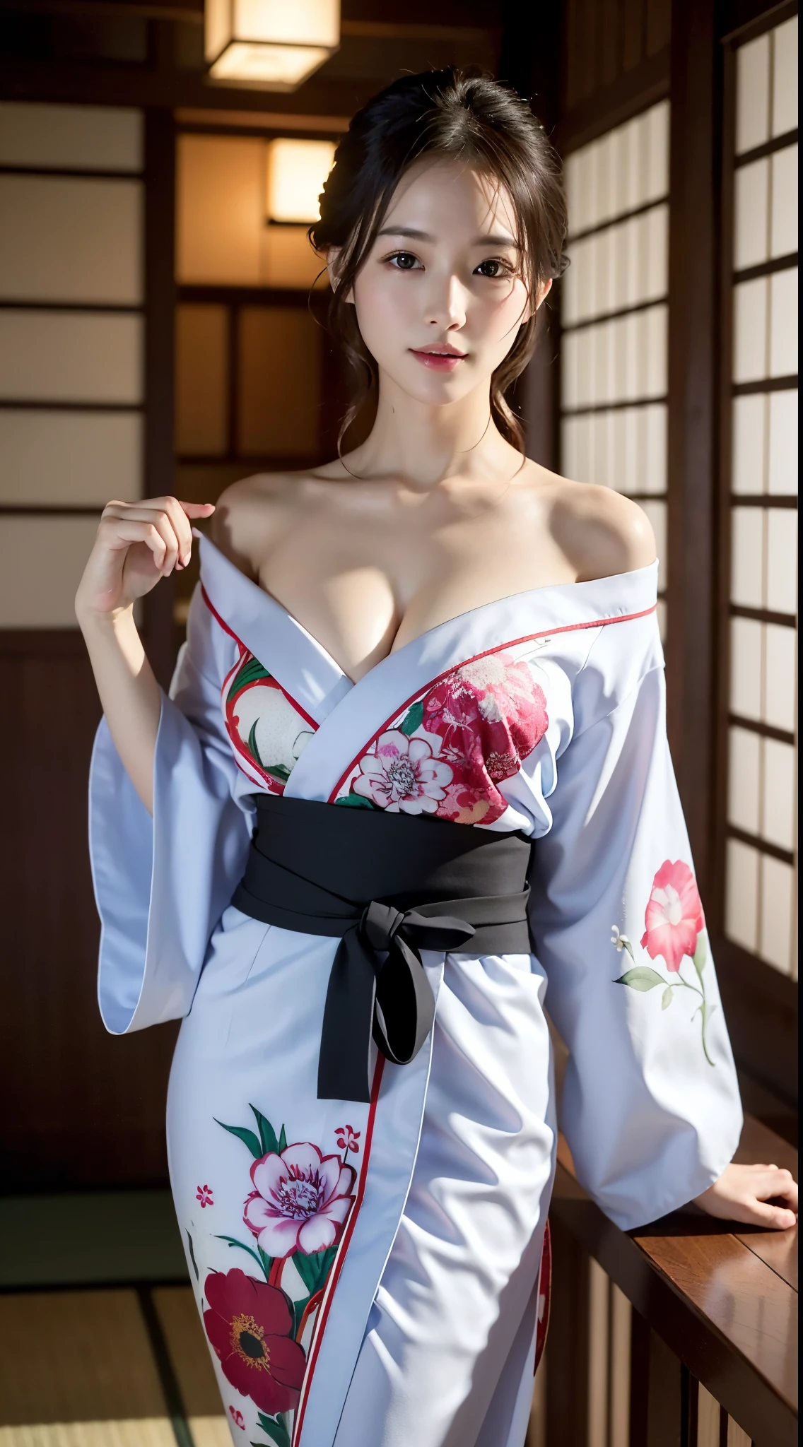 face  :9,4148934626], Bewitching beautiful mature woman、40 years、stature　154cm、well-proportioned figure、The figure of the hourglass、Japan in a yukata、Yukata at Japan Ryokan、Shoulder out、鎖骨、model in Japan、Japan sexy woman, Gorgeous Japan Woman, goddess of Japan, A smile、Raw photo, (in 8K、top-quality、​masterpiece:1.2)、(intricate detailes:1.4)、(Photorealsitic:1.4)、octane renderings、Complex 3D rendering ultra detail, studio lights, Rim Lights, vibrant detail, super detailing, realistic skin textures, Detail Face, Beautiful detail eyes, Very detailed CG Unity 16k wallpaper, make - up, (detailedbackground:1.2),　shinny skin、