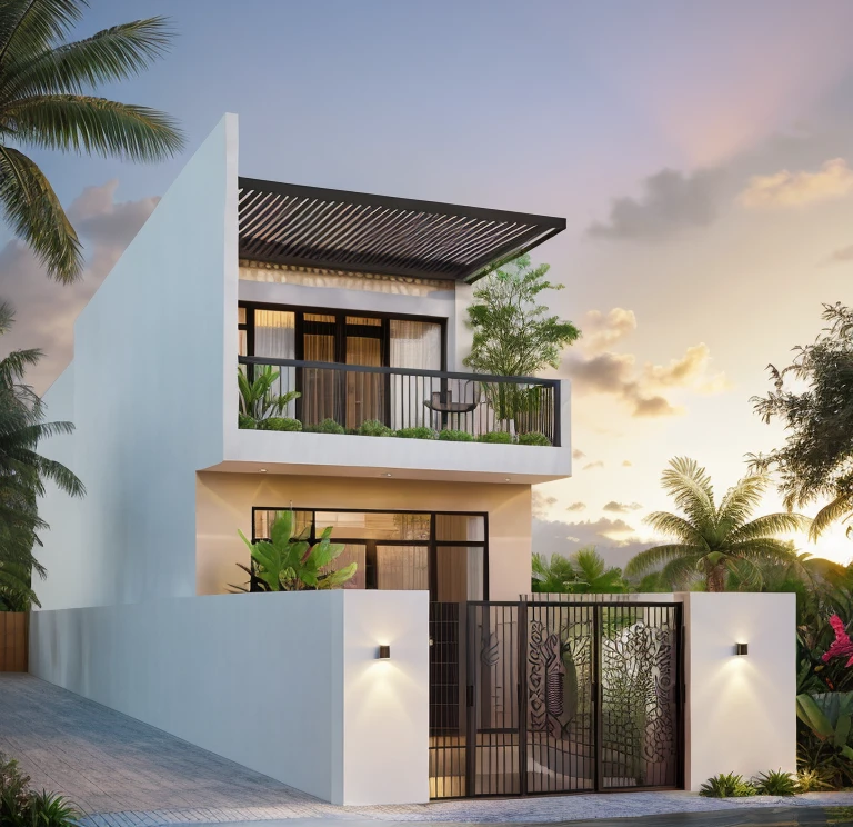 daylight, beautiful sky, soft lighting, high quality, best quality, authentic,detail, townhouse, tile wall glass windows, ceiling, railing glass, gate, fence, tropical trees, nice landscape,