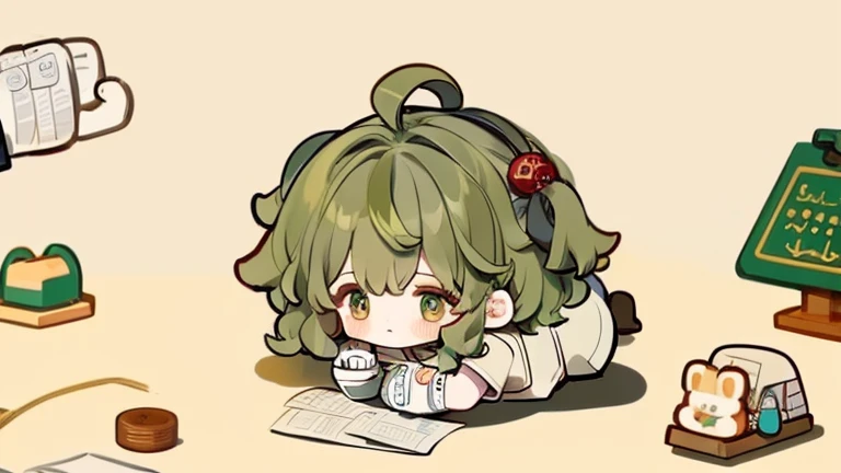 (a girl,a chibi,cute,a head-to-body ratio,dressed in,mittens,curly,very elaborate,exquisite,shift knot,ruffles,ribbon,bandages,light-green hair,design Q version)