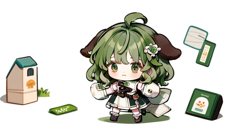 character design，Q version，Chibi，pretty，Head to body ratio，clothing design，Mittens，Curly，Very intricate，Exquisite，shear node，frill，tape，Bandages，light-green hair