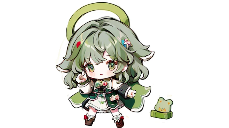 character design，Q version，Chibi，pretty，Head to body ratio，clothing design，Mittens，Curly，Very intricate，Exquisite，shear node，frill，tape，Bandages，light-green hair