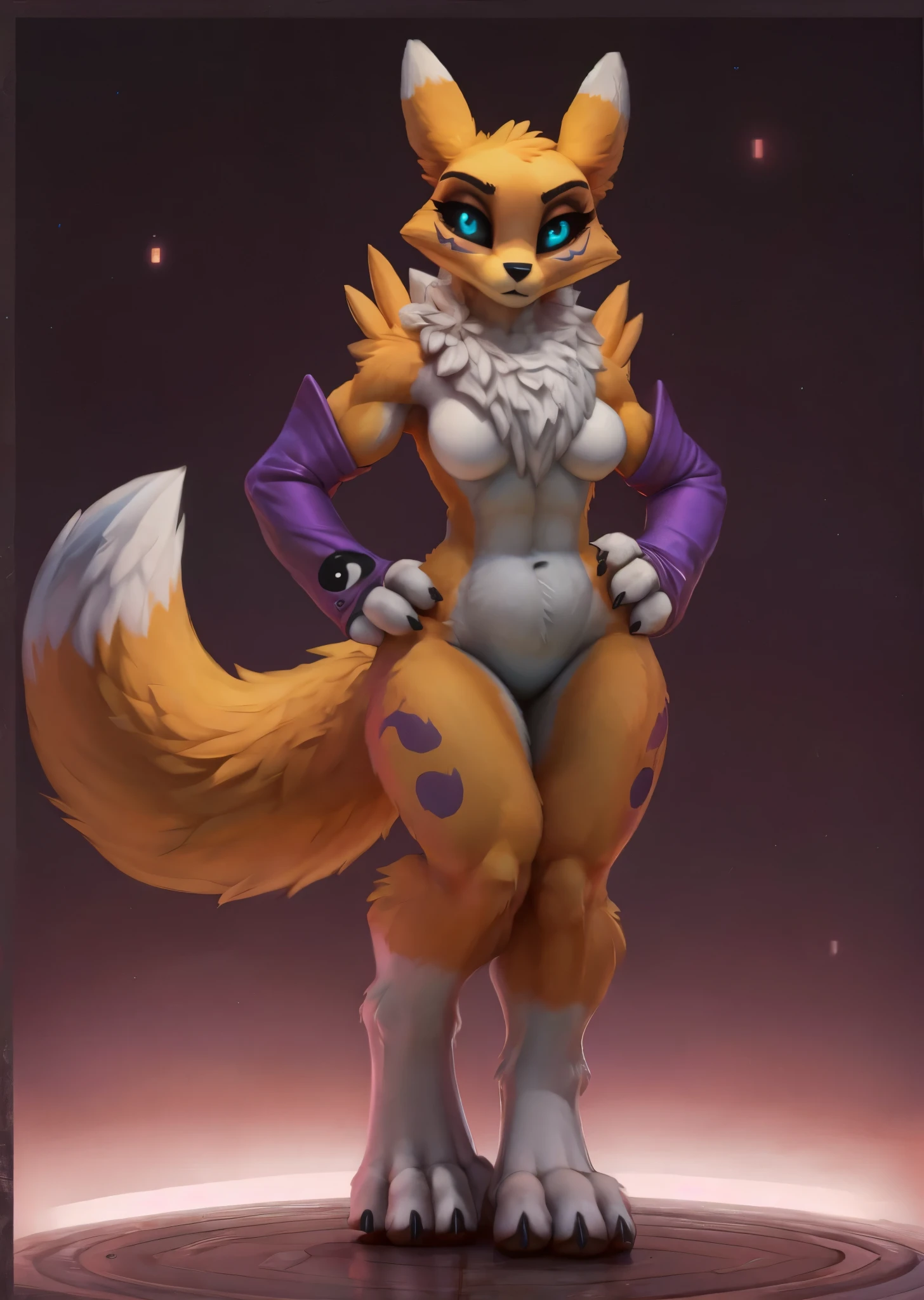 [renamon], [Uploaded to e621.net; (Pixelsketcher), (foxovh), (fluffkevlar)], ((masterpiece)), ((HD)), ((high res)), ((solo portrait)), ((full body)), ((front view)), ((feet visible)), ((furry; anthro fox)), ((detailed fur)), ((intricate details)), ((detailed shading)), ((beautiful render art)), {anthro; yellow body fur, two-tone fur, black nose, (cute turquoise eyes with black sclera), (short eyelashes), (sharp black nails), (defined muscles), (medium breasts), (curvy hips), (beautiful legs), (beautiful feet), (expressionless)}, {(purple sleeves with yin yang symbols)}, {(standing), (hand on hip), (looking away from viewer)}, [background; (si-fi), (white room), (yin yang symbol), (ambient lighting)]