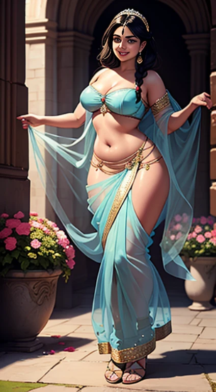Yami Gautam, young, beautiful, voluptuous, standing in a palace, wearing a blue transparent sarong and crumpled strapless bra, full body view, head to toe, large breasts, black braided hair , front view, daylight, realistic, shade lights, high resolution, by Louis Royo, by Boris Vallejo, by Frank Frazetta