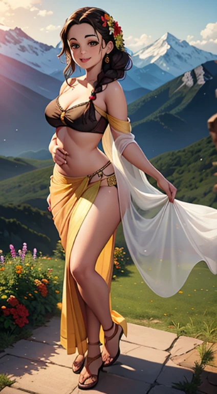 Preity Zinta, completely naked, young, beautiful, standing on a mountain, voluptuous, wide hips, flowers in hand, dark brown braided hair, beautiful, wearing a tiny yellow strapless bra and a full saree, big smile, full body, front view, head to toe, mountains in background, full light on face, photorealistic, High resolution