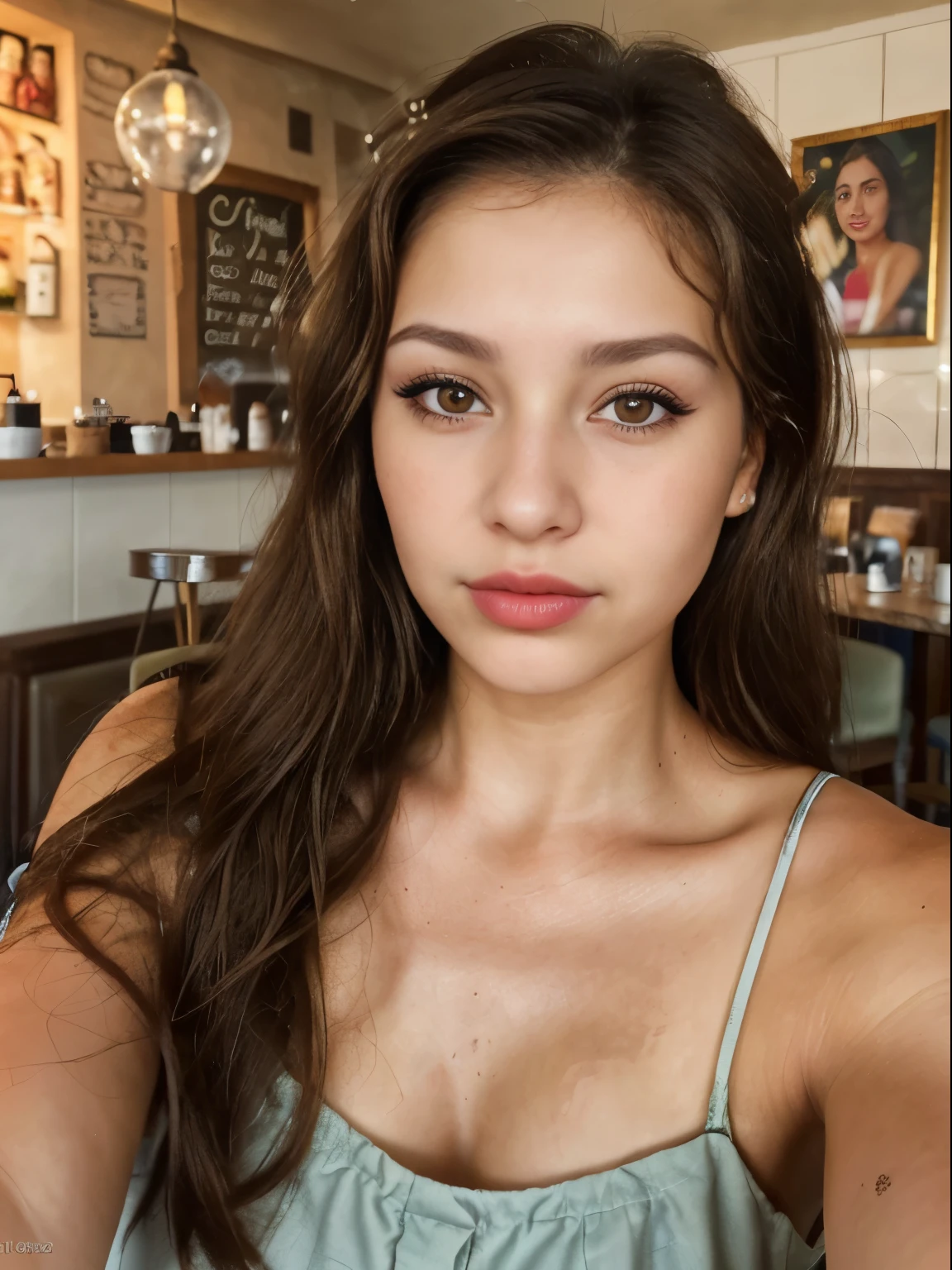 Photo of a 20 year old brunette woman., que tiene una cara muy natural,  Labios delgados, ojos delgados, Cejas finas, nariz fina, pendientes, long eyelashes. She takes a cute selfie in a cafe.