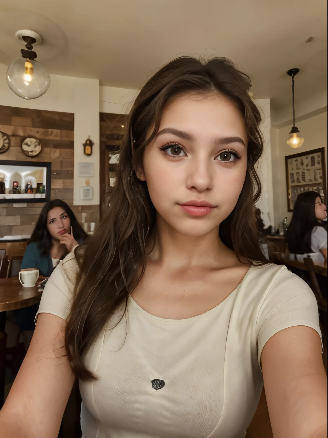 Photo of a 20 year old brunette woman., que tiene una cara muy natural,  Labios delgados, ojos delgados, Cejas finas, nariz fina, pendientes, long eyelashes. She takes a cute selfie in a cafe.