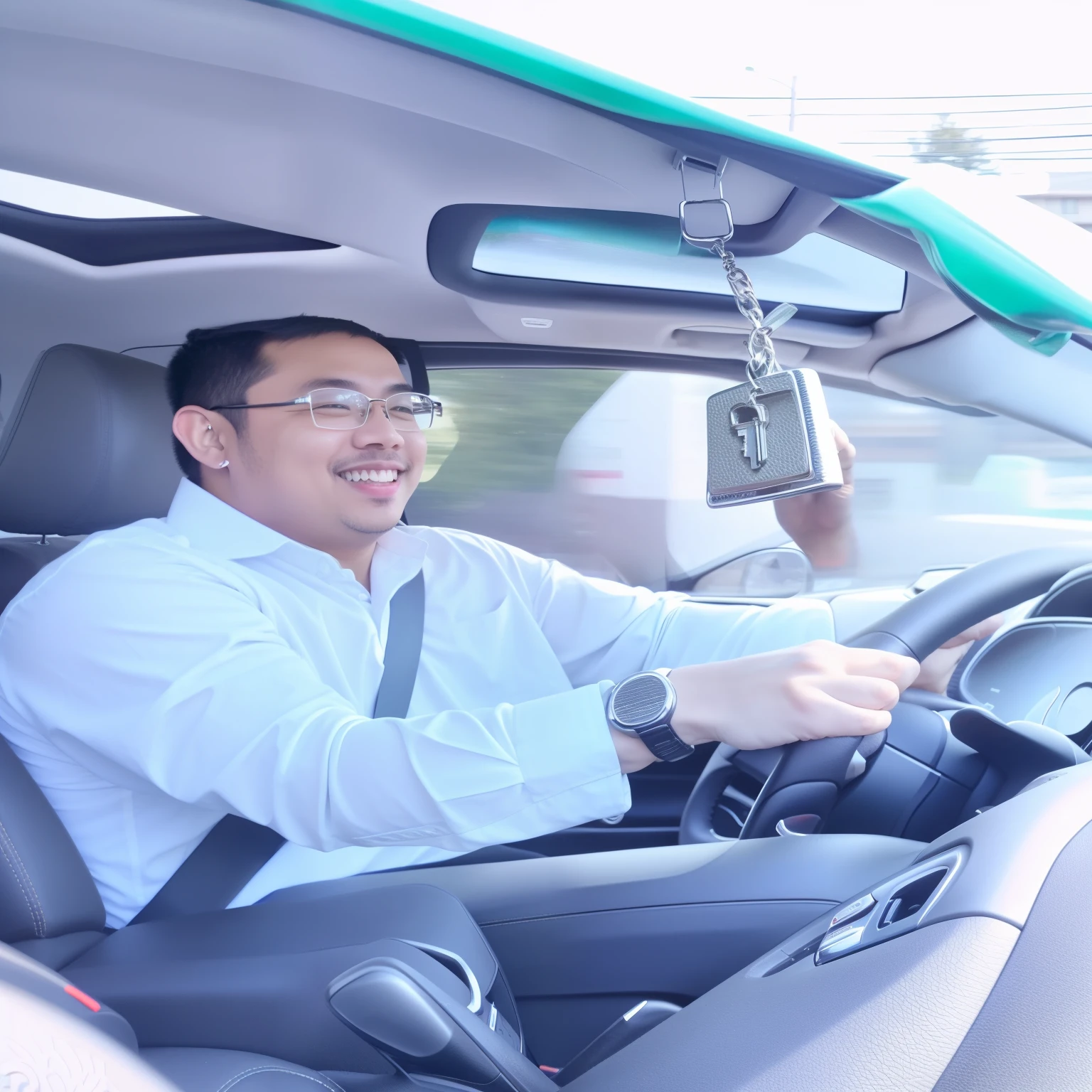 there a man driving a car with a key hanging from the steering wheel, driving a car, driver, with a happy expression, snapchat photo, flaunting his wealth, handsome man, driving, driving fast, handsome, selfie photo, shot with iphone 1 0, meme, at instagram, car shot, john jude palencar, by Basuki Abdullah