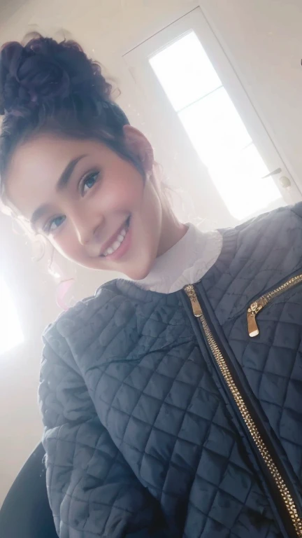 beautiful girl with a perfect smile,detailed facial features,curly long hair,piercing blue eyes,rosy cheeks,flawless skin,stylish outfit,vibrant background,magical lighting,photorealistic details,high-res masterpiece,playful and joyful expression,pink and purple color tones,soft and delicate brushstrokes