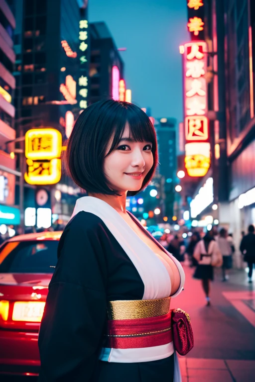 「An AI-generated image of a beautiful Japanese woman with short black hair.、The background of the near future is depicted。She has huge breasts in a futuristic city、Standing with a smile wearing clothes with huge breasts supported by the chest.、Surrounded by advanced buildings and glowing neon signs、Features flying vehicles etc.。her hair blows in the wind、They wear costumes that are a fusion of traditional Japanese costumes and modern elements.。The background is a night view、The dazzling lights of the city and the starry sky look beautiful。」
