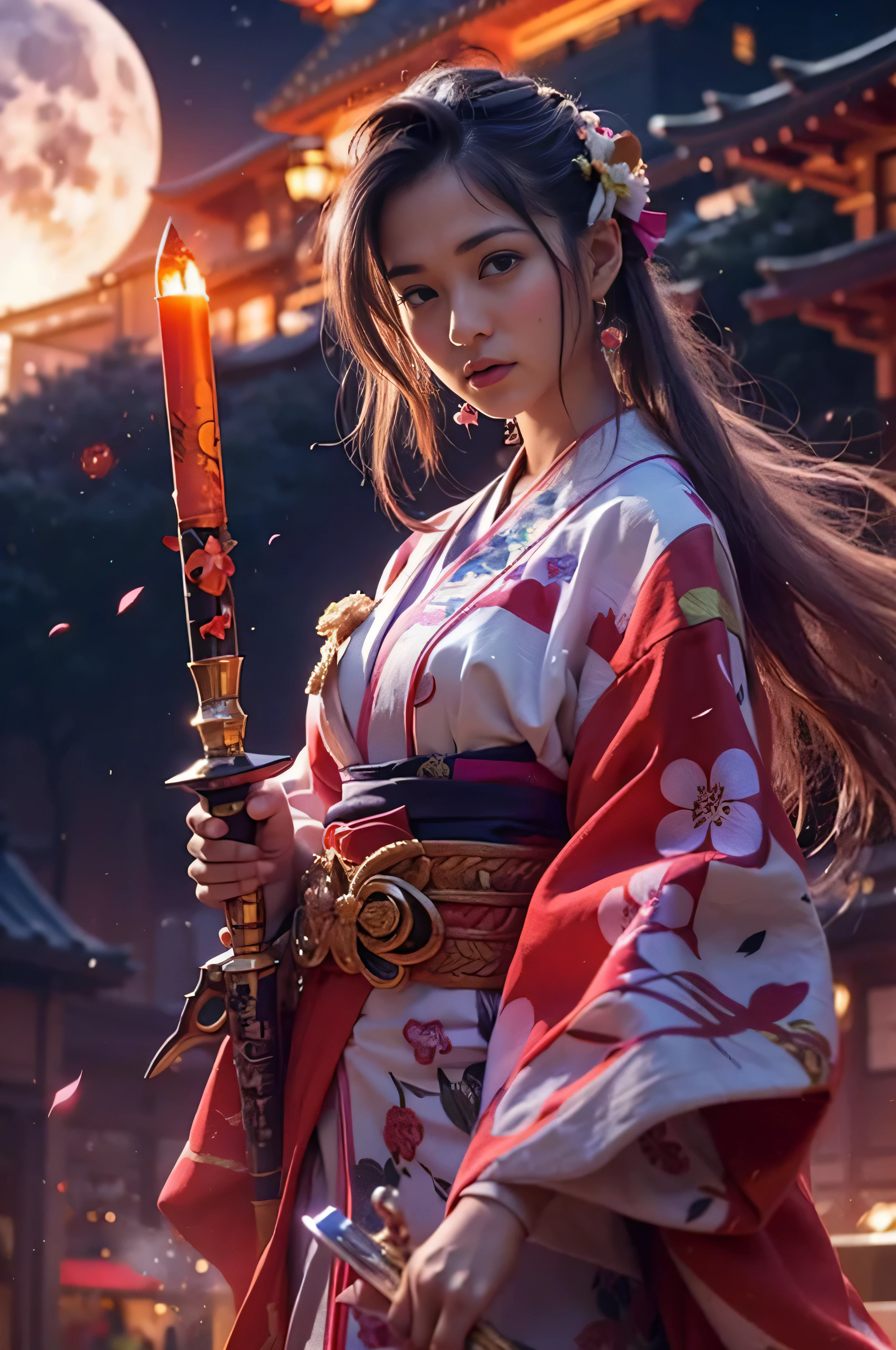 (8K, highest quality, pieces fly:1.2), (SFW:1.3), (reality, photo-reality:1.37), one beautiful girl, swordsman, whole body, (japanese kimono), mini skirt, long hair, ribbon in her hair,Former Japan Village, at night, full moon, The light of the moon is shining, fire, (With a shining long sword), fantasy, floating hair, rain,