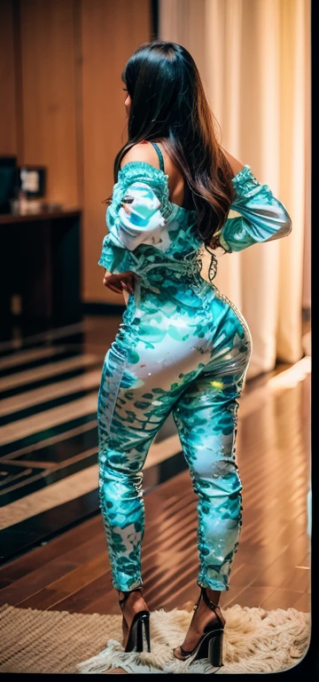 uma mulher com um overalls com estampa transparente em pé sobre um tapete, full body visible, May, roupa apertada, terno de corpo inteiro apertado, complete view, vestindo terno apertado, roupa intrigante, traje apertado, roupa muito sexy, comprimento total do corpo, her hand on her waist, grosso, , recortar, transparente, overalls