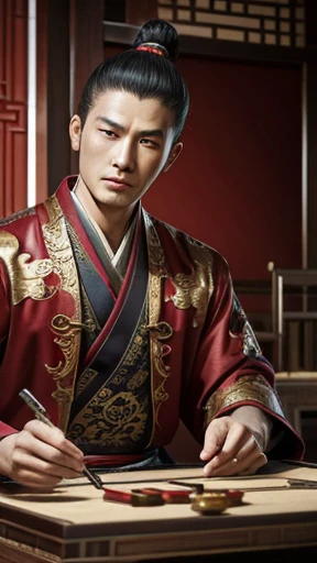 oriental、man in ancient chinese clothes、ancient chinese hairstyle man、three kingdom、multiple warlords、highest quality、masterpiece、Super high resolution、(photoreal:1.4)、Game Posters、inside the house、
