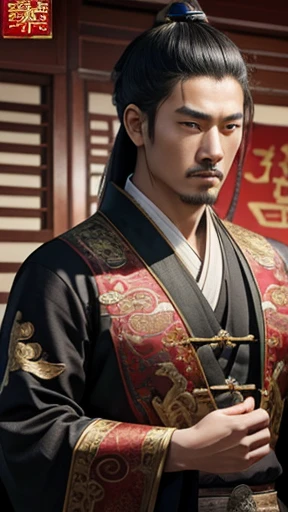 oriental、man in ancient chinese clothes、ancient chinese hairstyle man、three kingdom、multiple warlords、highest quality、masterpiece、Super high resolution、(photoreal:1.4)、Game Posters、inside the house、