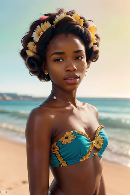 (((very colorful))) ((hyper realistic)) full torso photograph of a young 24 year old (((African woman))) in a flowery silky richly textured gold bikini hanging out at the beach in Cape Town on a pleasant day subject between the sun and photographer, bright sunny, raw, greatness, indie, and full of magical nature activity, brightly magically lit, shot with professional lenses, panavision motion still, hyper detailed textures, Kodak Portra 400 film, ((35 mm lens)), with double exposure and long exposure techniques and light leaks, (((60s retro vibes))), afro-creative — David Fincher, Emmanuel Lubezki, Gordon Parks, Daido Moriyama, Akinbode Akinbiyi, (((Hasselblad))) (backlighting)