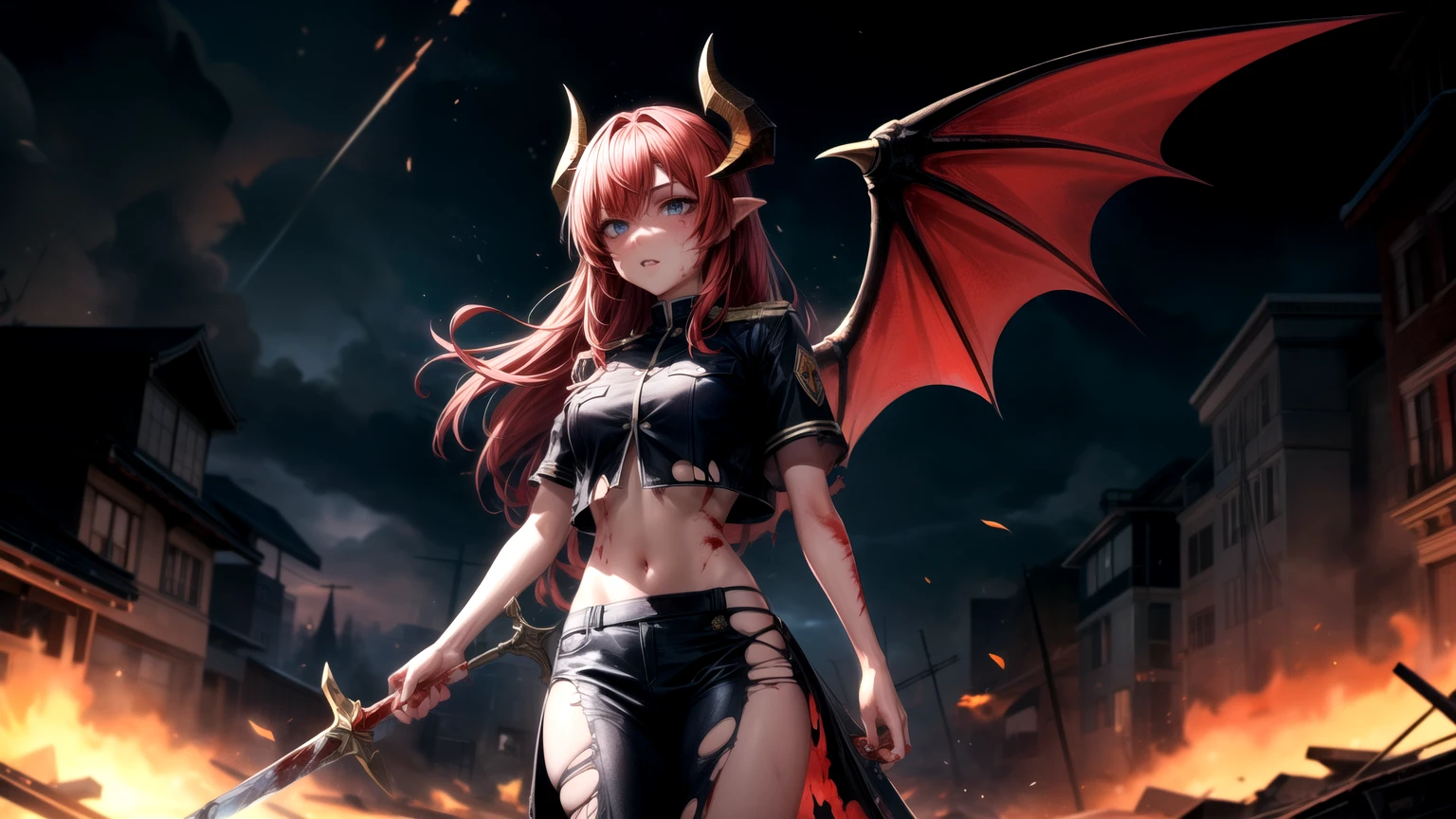 1girl,black military uniform,wide hips, red hair,long hair,floating hair, blue eyes, debris,close-up, walking, explosive in background,fire in background,sword, dragon horns,( dragon wings),dragon tail, (blood on face),(torn clothes), blood on clothes, scar, midriff, parted lips, dark sky, storm,blood from eyes,embers,open clotch