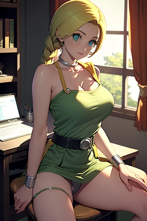 Bianca \(dragon quest\), bianca, dragon quest, (masterpiece, best quality, 4k, photorealistic, cinematic, ultra-detailed), wide shot, full body, perfect anatomy, curvaceous body, perfect eyes, perfect hands, large chest, long round legs, 1 girl, blonde hair, sitting in an office chair, ivory silk camisole top, olive green cropped trousers, tan strappy heels, effortless half-up half-down hairstyle, delicate layered necklace