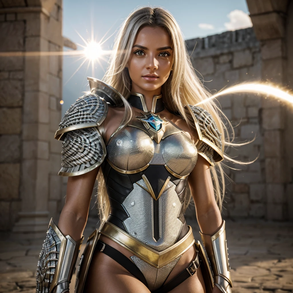 Knight of the Zodiac Aiolia de Leo, caveleira de ouro com capa branca, ataque na velocidade da luz, Saint Seya, (STYLE OCTANE RENDER!!!), (textura DIAMANTE REALISTA), CABELO REALISTA!!! (DIAMANTE BRILHANTE), (textura realista:2.0), (HDR:1.2), (4K), BLOND HAIR LONG, tiro de corpo inteiro!!!, camera low, TRAJE super detalhada ( ARMADURA), traje com pedras preciosas, ombreiras largas, nordic woman!, rosto angelical, symmetrical face, seduzir, coxas musculosas definidas, SALA DO TRONO MAJESTADE, corpo inteiro, mostre as pernas de calcinha dourada brilhante relusente, olhos azuis sensuais, coxas BRANCA, pernas, boca vermelha, olhos pequenos, nariz fino, (Nordic ethnicity), pele branca, 22 year old girl skin clean, pele branca, skin clean, (OLHOS PERFEITOS!), hot girl, pele muito branca, albina, luzes piscando, sol (LENS FLARE!)