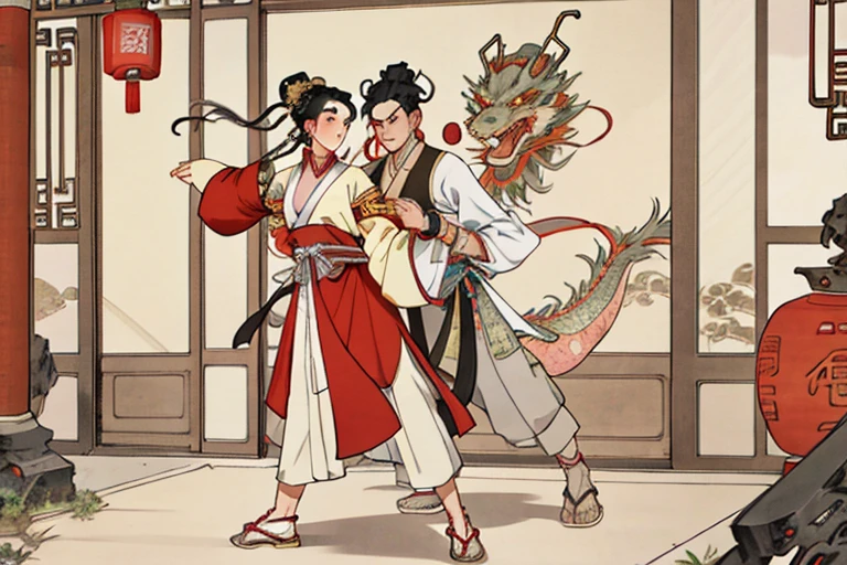 Best quality, 4K, One, (anime: 1.2), (nipple: 1.2), male, minor, with a Chinese dragon horn on his head, earrings, wrist bracelets ankle rings: 0.8), ancient chinese style, (Whole body: 0.2), (bare shoulder: 0.8), skin with long hair: 1.5), dance moves