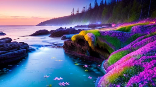 hot springs, cliffs, waves, opalescent, (Photoluminescence), fantasy, clear, Cinematic RAW photo, hyper real photo, ultrarealistic, dslr, soft lighting, high quality, reflections, photo, (sparkling) splashing rainbows, glistening, (iridescent), (alien flowers), glimmering, foamy, wet, dripping, twinkling, crystals growing, (secret treasure in it), misty, mystical, enchanting, glitterinasterpiece) (best quality) (detailed) (8k) (HDR) (cinematic lighting) (sharp focus) (intricate), many lights on rocks, fairy lights in trees, magical colors and atmosphere, enchanting landscape, epic dreamlike fantasy landscape, giant fluorescent fungi, magical colors and atmosphere, impressive fantasy landscape, bioluminescent, epic and stunning, magical environment, celestial, fairies, moons, floating wildflowers, Sakura