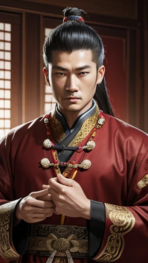 oriental、man in ancient chinese clothes、ancient chinese hairstyle man、three kingdom、multiple warlords、highest quality、masterpiece、Super high resolution、(photoreal:1.4)、Game Posters、inside the house、