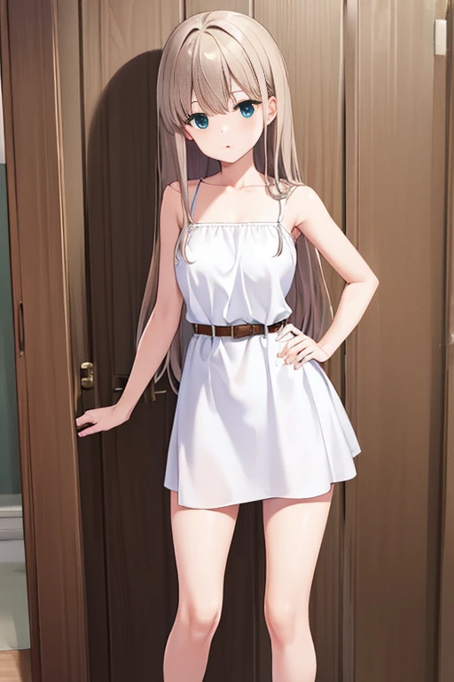 masterpiece++, best quality++, ultra-detailed+, extremely detailed++, 4K, 8K+, best quality, beautiful+, ,1person,full body image,summer room,white simple mini tanktop dress,narrow leather belt,tight belt++,beautiful brown hair,beautiful blue eyes, beautiful eyes++, long straight hair