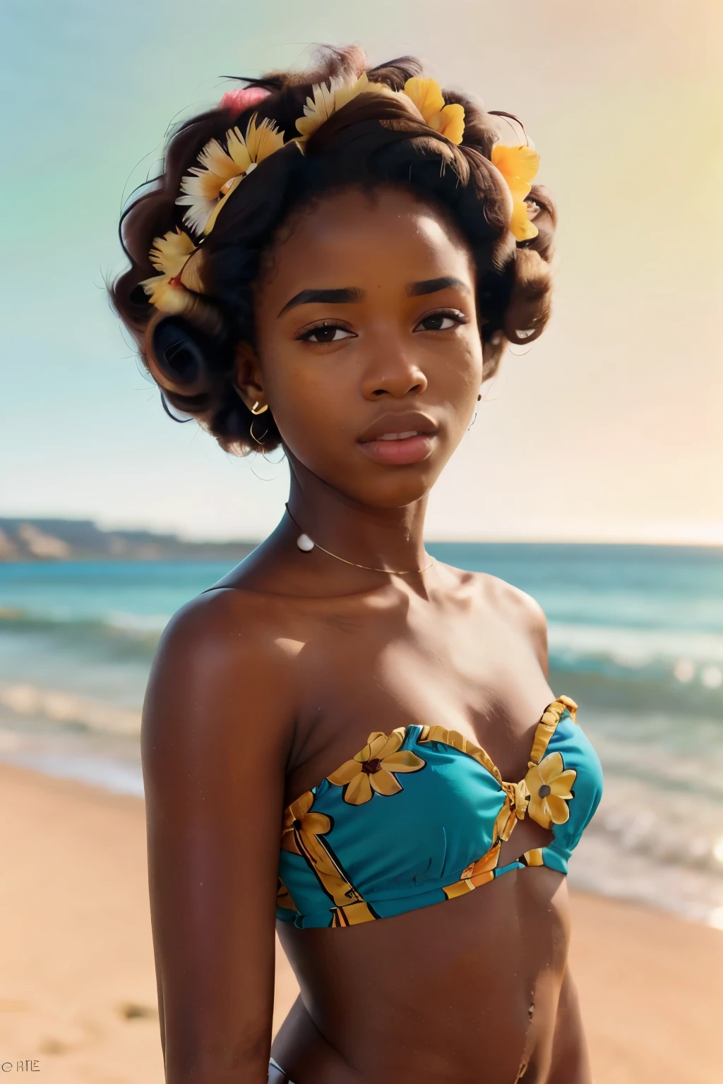 (((very colorful))) ((hyper realistic)) full torso photograph of a young 24 year old (((African woman))) in a flowery silky richly textured gold bikini hanging out at the beach in Cape Town on a pleasant day subject between the sun and photographer, bright sunny, raw, greatness, indie, and full of magical nature activity, brightly magically lit, shot with professional lenses, panavision motion still, hyper detailed textures, Kodak Portra 400 film, ((35 mm lens)), with double exposure and long exposure techniques and light leaks, (((60s retro vibes))), afro-creative — David Fincher, Emmanuel Lubezki, Gordon Parks, Daido Moriyama, Akinbode Akinbiyi, (((Hasselblad))) (backlighting)