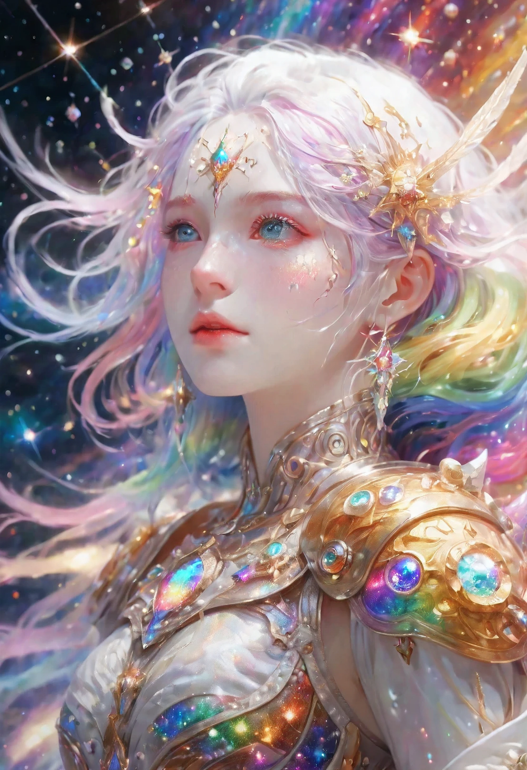 1 girl, rainbow colored hair,White exquisite armor, Rainbow colored cosmic nebula background, Star, galaxy, intricate details, White skin,masterpiece, best quality, actual, Floating happily in space, 闪闪luminescent, luminescent