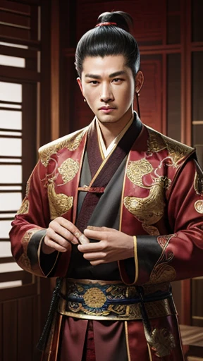 oriental、man in ancient chinese clothes、ancient chinese hairstyle man、three kingdom、multiple warlords、highest quality、masterpiece、Super high resolution、(photoreal:1.4)、Game Posters、inside the house、