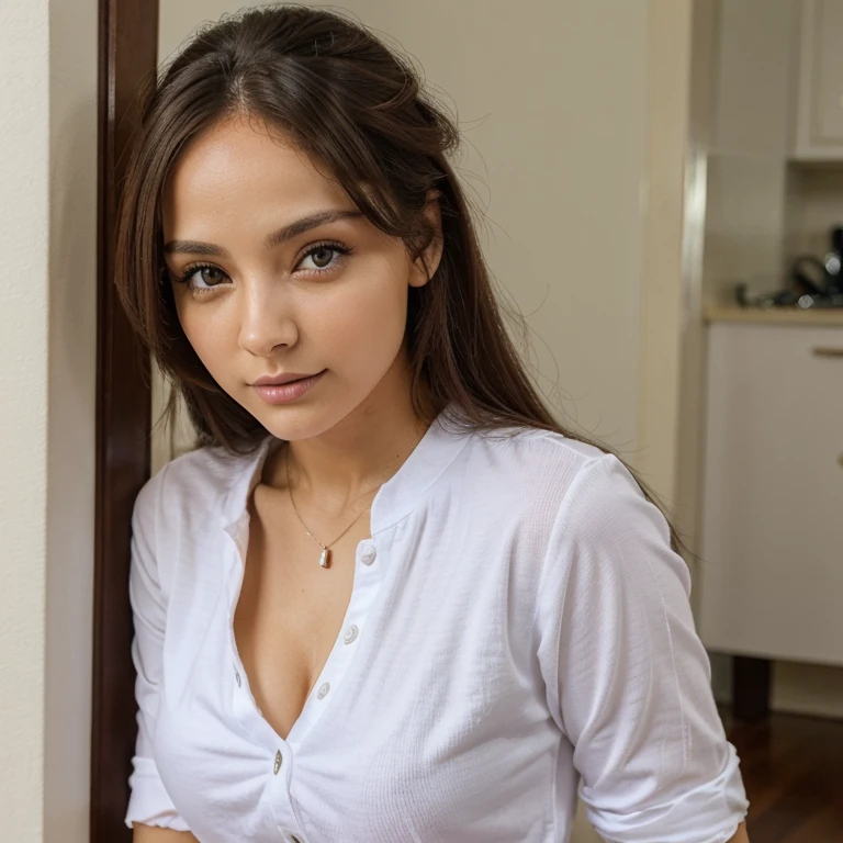 mulher com olhos claros, postura confiante e leve, roupa casual