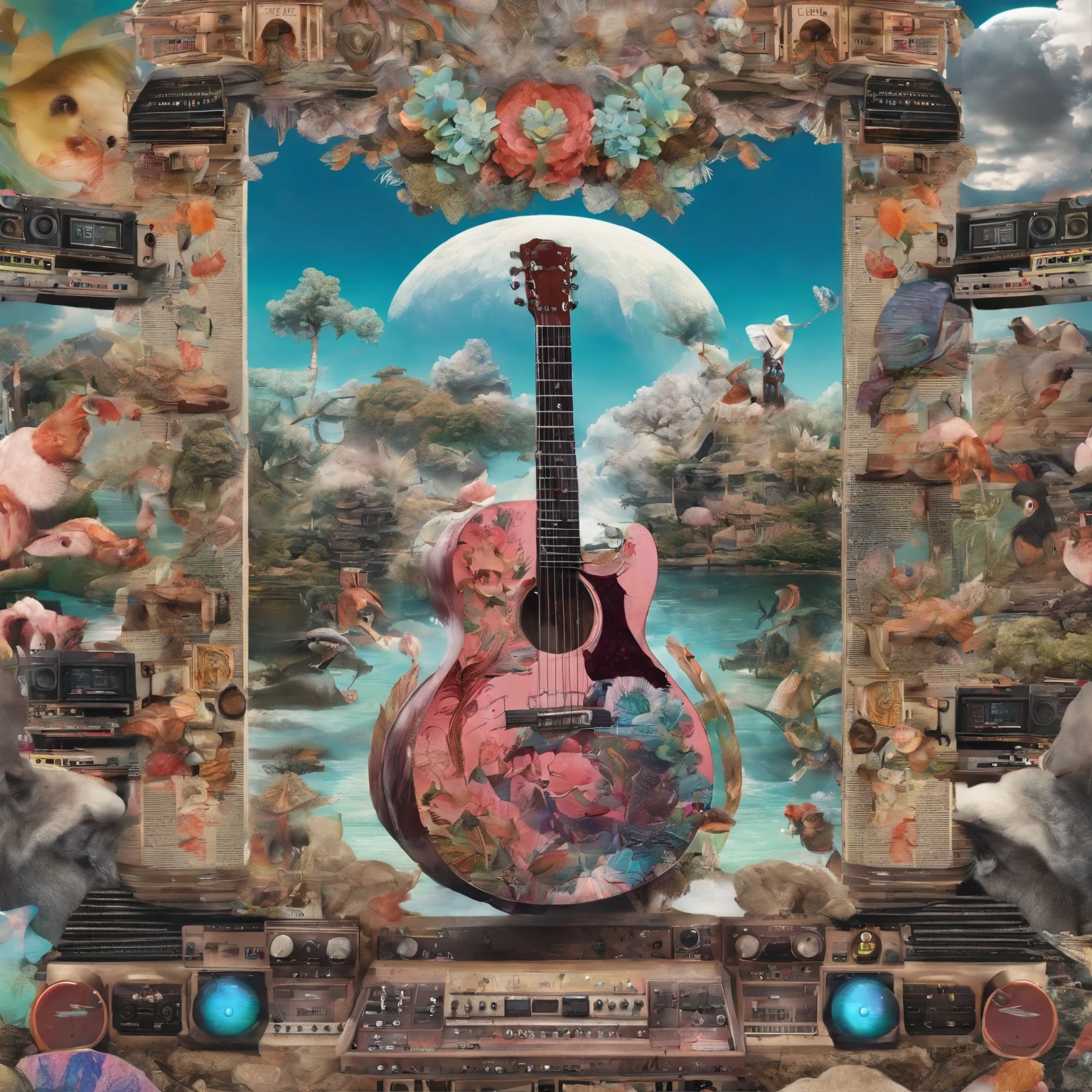 Imagine a collage piece featuring unique colorful hues and geometric patterns。This collage work、エレキギターorシンセサイザー、modular synth、Along with the depiction of musical instruments such as records,、Must have a surreal psychedelic design。It is a traditional Japanese art style."japonism"or"photo collage"Please also incorporate the elements of。Also、using hypermaximalism techniques、Please express that your work is full of diverse elements.。
Below is the required prompt:
(best quality, 4k, 8k, highres, masterpiece:1.2), ultra-detailed, (realistic, photorealistic, photo-realistic:1.37), psychedelic design, vibrant colors, geometric patterns, (( guitar, synthesizer, modular synth, collage:1.4))japonism, collage, hyper-maximalism
