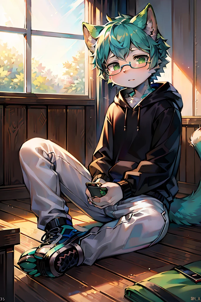 best quality,4k,high resolution,Ultra-detailed,photo-realistic:1.37), serious expression, blue short hair,green highlights, cat ears, cat tail, green eyeluffy, Shota, male, Lovely, illustration, digital painting, studio lit, bright colors, Surreal, pastel color palette, soft light, hairy, felid, long tail, personification, paw, hairy艺术风格, green case, black hoodie, Glasses,long white pants,No content,black sneakers,In the fields,indoor,sit on the table,Hold phone in your left hand