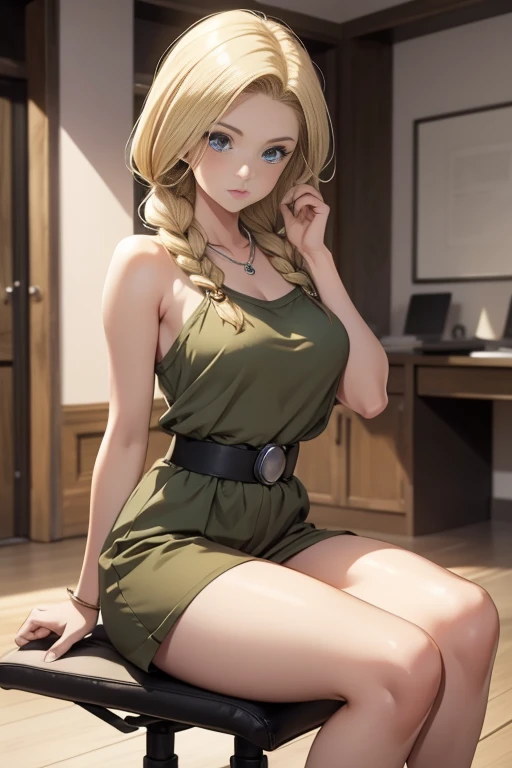 Bianca \(dragon quest\), bianca, dragon quest, (masterpiece, best quality, 4k, photorealistic, cinematic, ultra-detailed), wide shot, full body, perfect anatomy, curvaceous body, perfect eyes, perfect hands, large chest, long round legs, 1 girl, blonde hair, sitting in an office chair, ivory silk camisole top, olive green cropped trousers, tan strappy heels, effortless half-up half-down hairstyle, delicate layered necklace