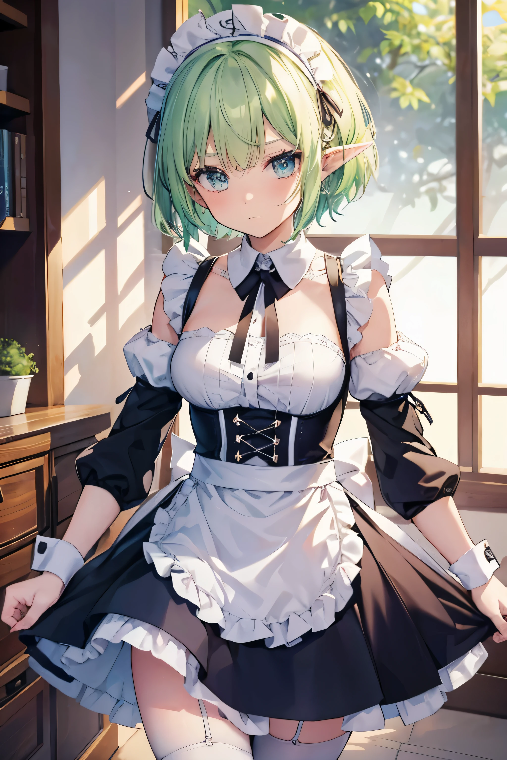 a girl,pointed ears,Elf,nervous expression,blindness,There no bright spot in the eyes,Three no girlrown,light green hair,short hair,maid outfit,white garter belt,There a collar around the neck,off shoulder thong skirt,beautiful legs,Yao Liu
