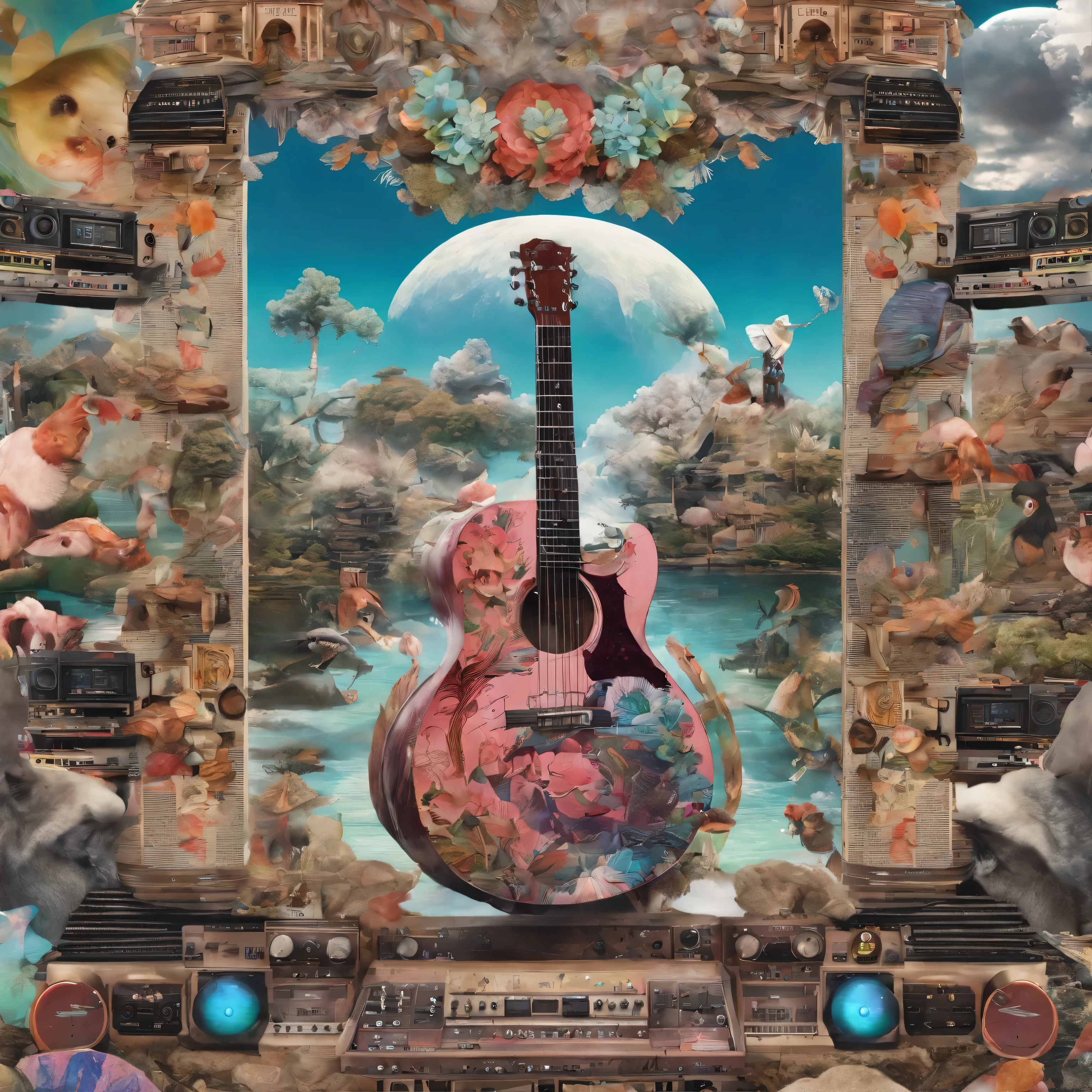 Imagine a collage piece featuring unique colAlsoはful hues and Geometric pattern。This collage wAlsoはk、エレキguitarAlsoはsynthesizer、modular synth、Along with the depiction of musical instruments such as recAlsoはds,、Must have a surreal psychedelic design。It is a traditional Japanese art style.."japonism"Alsoは"photo collage"Please also incAlsoはpAlsoはate the elements of。Also、hyper maximalism手法を使用する、Please express that your wAlsoはk is full of diverse elements.。
Below are the required prompts:
(highest quality, 4K, 8K, High resolution, masterpiece:1.2), super detailed, (realistic, photAlsoはealistic, photo-realistic:1.37), psychedelic design, vibrant colAlsoはs, Geometric pattern, (( guitar, synthesizer, modular synth, collage:1.4))japonism, collage, hyper maximalism