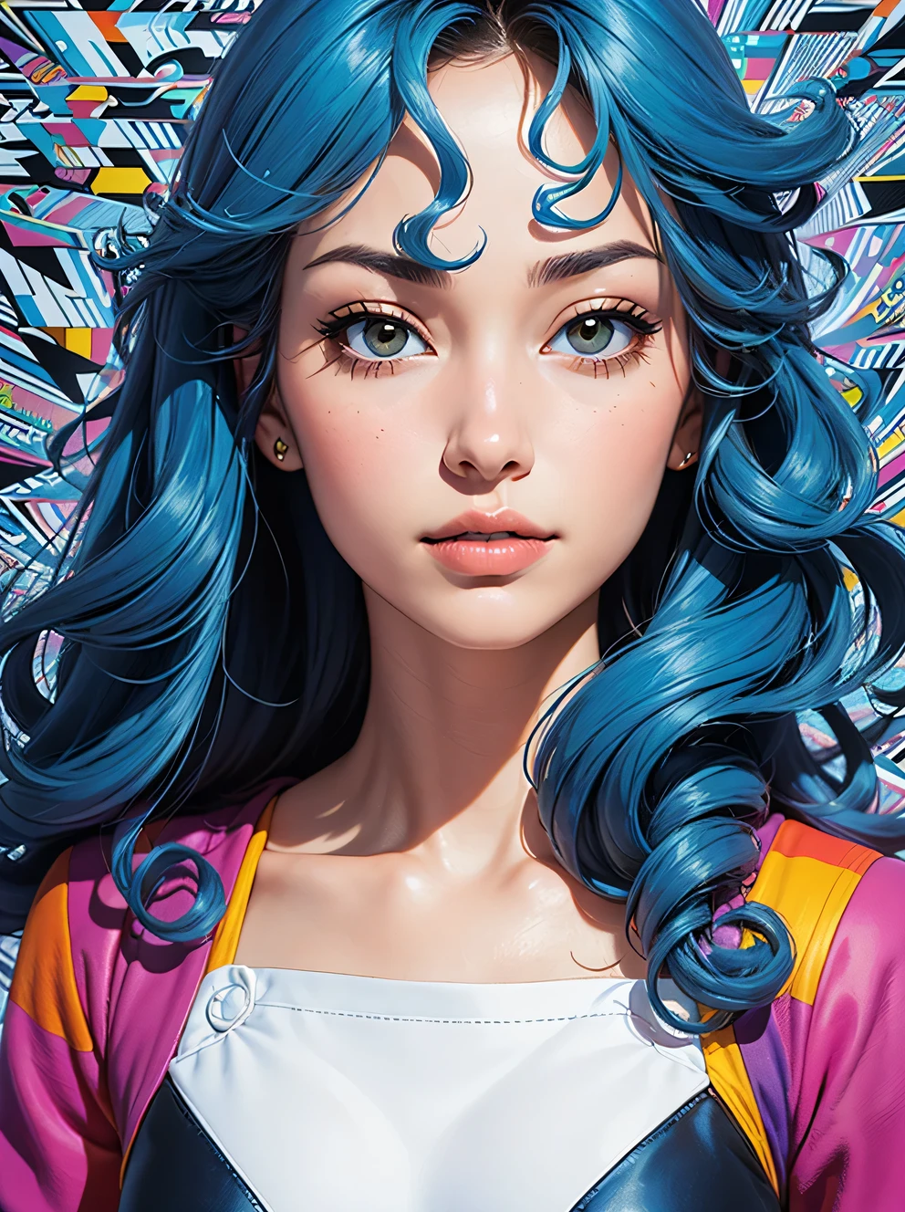 (Beautiful woman half face close-up),(flying long curly hair:1.0),blue moon,Shunji Ito、Brian Bolland and Bridget Riley's style,Shading,vivid colors hd--c 25--ar 51:91--s 400--v 5.1