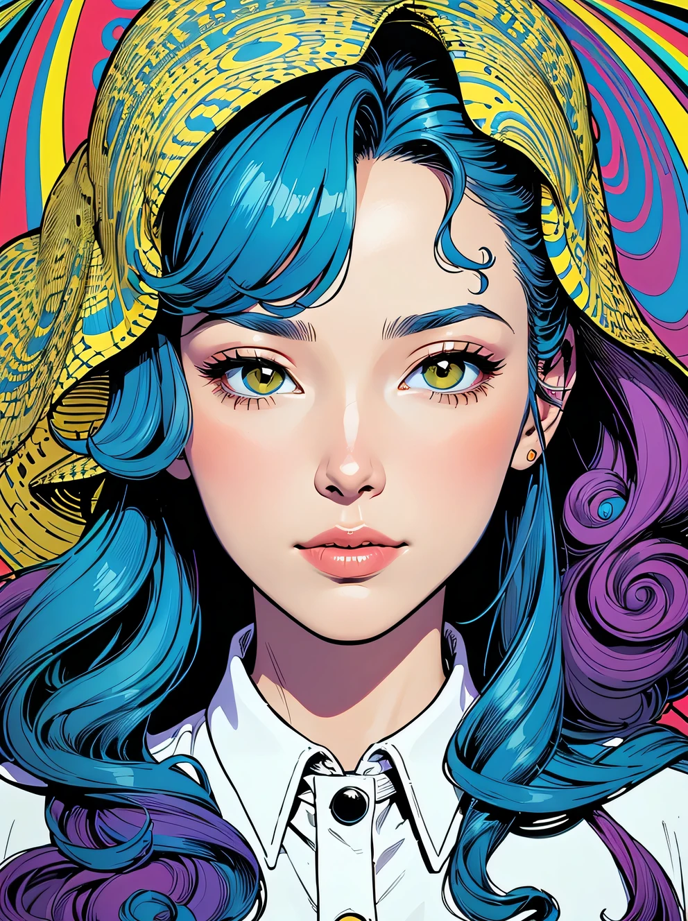 (Beautiful woman half face close-up），(flying long curly hair：1.0），blue moon，Shunji Ito、Brian Bolland and Bridget Riley&#39;s style，Shading，vivid colors hd--c 25--ar 51:91--s 400--v 5.1