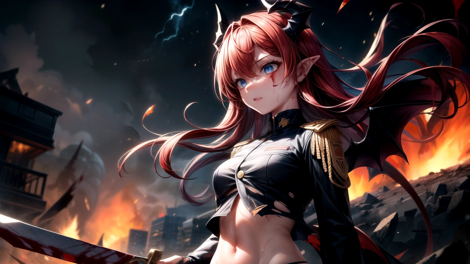 1girl,black military uniform,wide hips, red hair,long hair,floating hair, blue eyes, debris,(close-up),upper body, walking, explosive in background,fire in background,sword, dragon horns,( dragon wings),dragon tail, (blood on face),(torn clothes), blood on clothes, scar, midriff, parted lips, dark sky, storm,blood from eyes,embers,open clotch