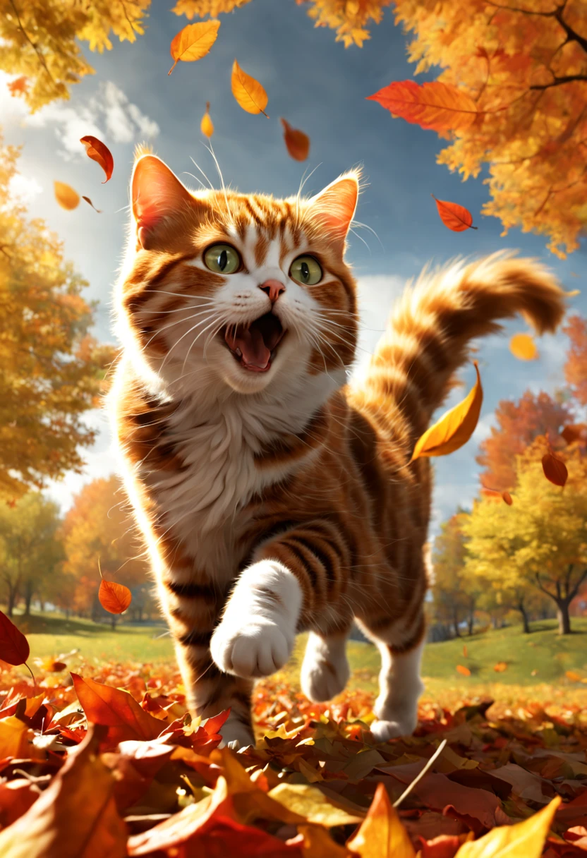 photorealestic，Ultra-detailed graphics，8K，Autumn Leaves Falling, Blowing From Trees on a Windy Fall, ((Cat blown away by strong wind))
