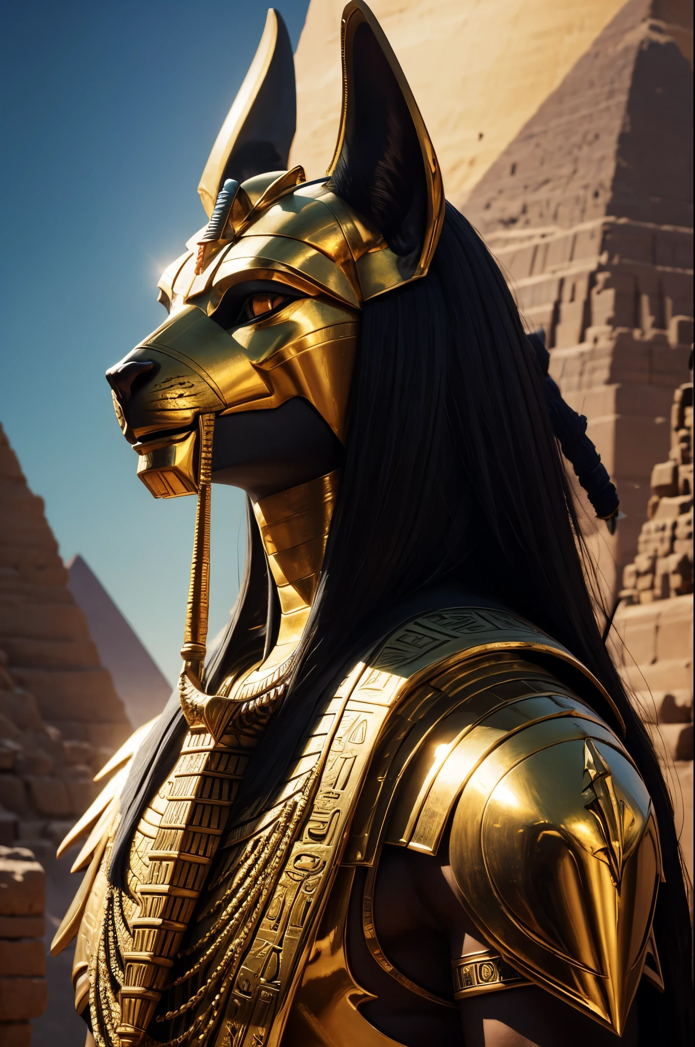 (best quality,4k,8k,highres,masterpiece:1.2),ultra-detailed,(realistic,photorealistic,photo-realistic:1.37),sand,desert,ancient,stone pyramids,golden sunset,mythology,Egyptian god,Anubis statues,tall and majestic pyramids,Anubis with a jackal head,worshiped figure,historical,monumental,detailed carvings,egyptian hieroglyphics,mysterious atmosphere,golden rays of sunlight,treasure hunter,adventure