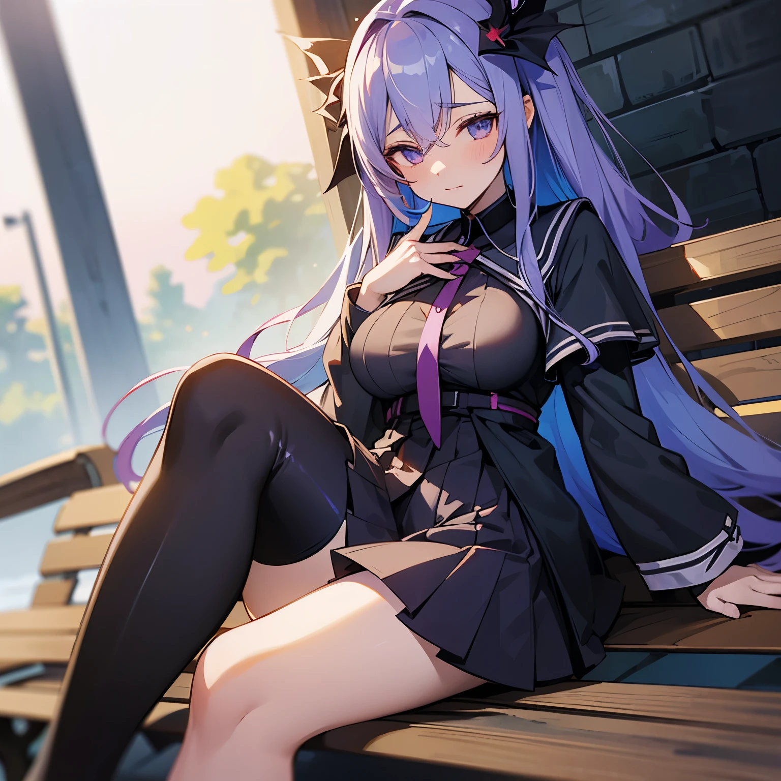 anime girl sitting on a bench with a purple flower in her hand, gapmoe yandere grimdark, yandere, yandere. tall, from arknights, gapmoe yandere, portrait gapmoe yandere grimdark, anime moe artstyle, by Jin Homura, demon anime girl, albedo from overlord, best anime 4k konachan wallpaper
